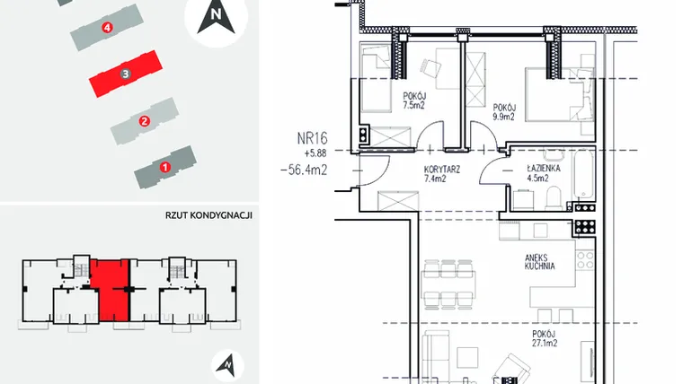 Rzut - Mieszkanie na sprzedaż 3 pokoje o powierzchni 56,4 m² - numer 3-16 w Ul. Ogrodowa - Etap II