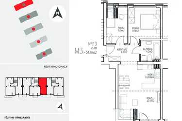 Rzut - Mieszkanie na sprzedaż 3 pokoje o powierzchni 51 m² - numer 5-13 w Ul. Ogrodowa - Etap II