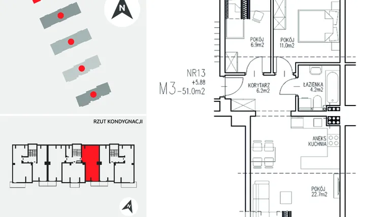 Rzut - Mieszkanie na sprzedaż 3 pokoje o powierzchni 51 m² - numer 5-13 w Ul. Ogrodowa - Etap II