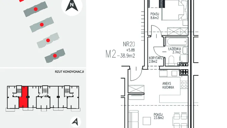 Rzut - Mieszkanie na sprzedaż 2 pokoje o powierzchni 38,9 m² - numer 5-20 w Ul. Ogrodowa - Etap II