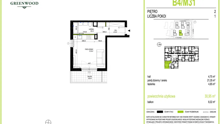 Rzut - Mieszkanie na sprzedaż 1 pokój o powierzchni 30,95 m² - numer B4/M31 w Greenwood IV