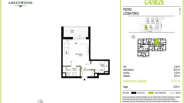 Rzut - Mieszkanie na sprzedaż 1 pokój o powierzchni 31,31 m² - numer C4/M26 w Greenwood IV