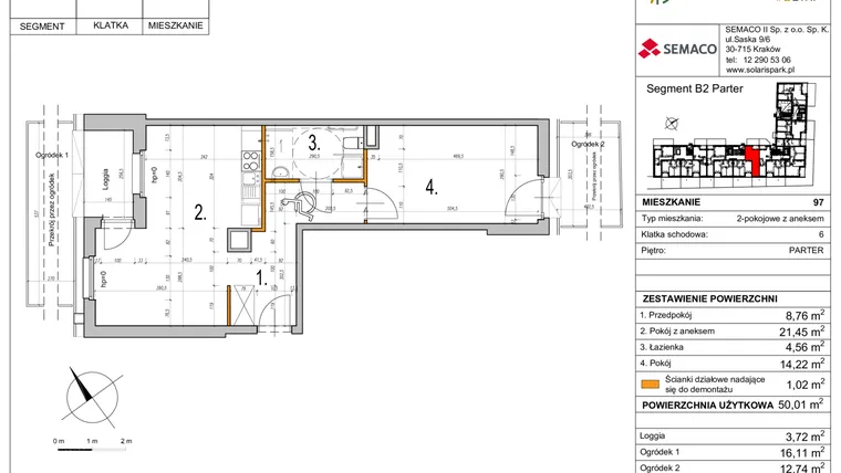 Rzut - Mieszkanie na sprzedaż 2 pokoje o powierzchni 50,01 m² - numer B2-97 w Solaris Park etap II