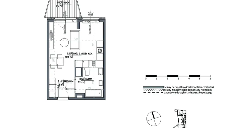 Rzut - Mieszkanie na sprzedaż 1 pokój o powierzchni 33,33 m² - numer B.107 w Dąbrowskiego 58