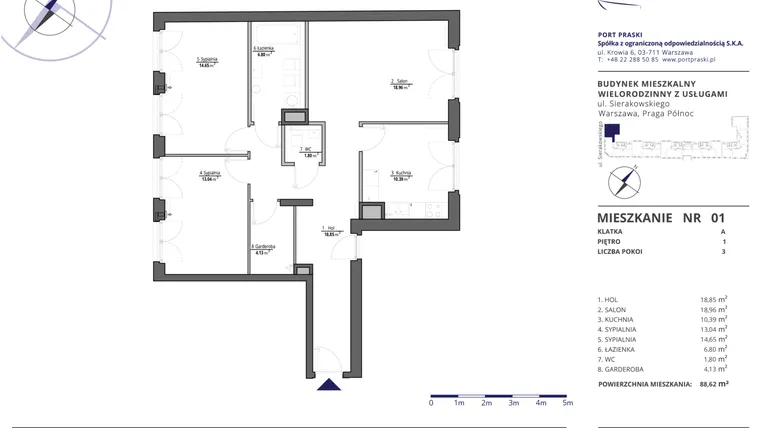 Rzut - Mieszkanie na sprzedaż 3 pokoje o powierzchni 88,69 m² - numer 1 w Sierakowskiego II