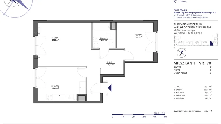 Rzut - Mieszkanie na sprzedaż 2 pokoje o powierzchni 61,99 m² - numer 70 w Sierakowskiego II