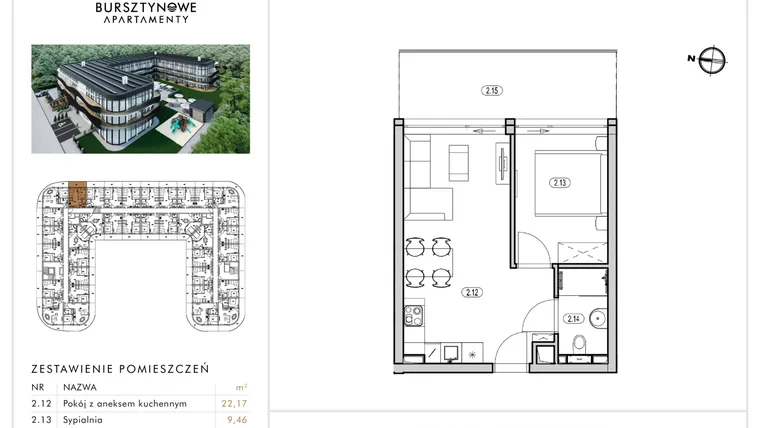 Rzut - Mieszkanie na sprzedaż 2 pokoje o powierzchni 34,95 m² - numer 1.1 w Bursztynowe Apartamenty