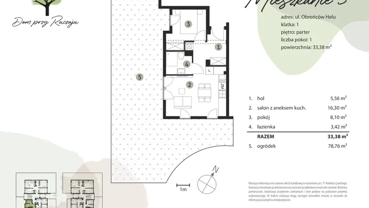 Rzut - Mieszkanie na sprzedaż 2 pokoje o powierzchni 33,37 m² - numer 3 w Dom przy Ruczaju