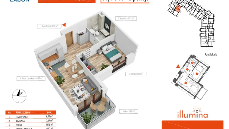 Rzut - Mieszkanie na sprzedaż 2 pokoje o powierzchni 42,84 m² - numer M013 w Illumina