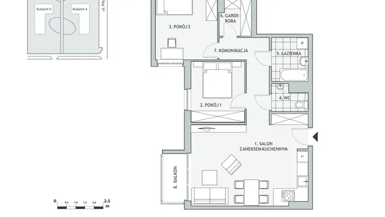 Rzut - Mieszkanie na sprzedaż 3 pokoje o powierzchni 68,22 m² - numer A6.1 w Aleksandria