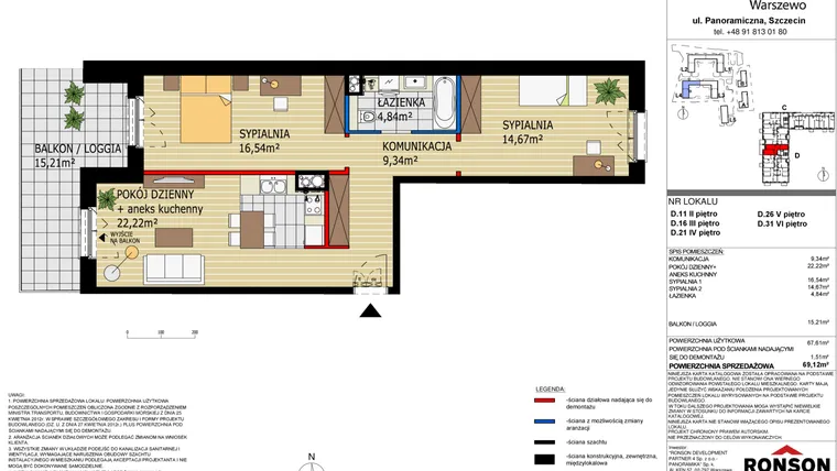 Rzut - Mieszkanie na sprzedaż 3 pokoje o powierzchni 69,19 m² - numer 4.D21 w Panoramika