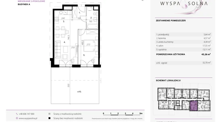Rzut - Mieszkanie na sprzedaż 2 pokoje o powierzchni 45,26 m² - numer A.0.10 w Wyspa Solna Etap III, budynek A