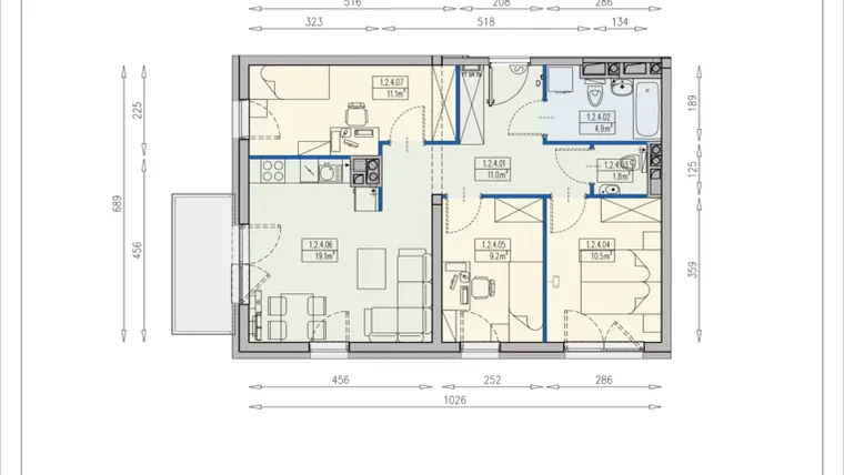Rzut - Mieszkanie na sprzedaż 4 pokoje o powierzchni 67,5 m² - numer ZD2 1/2/4/4a w Słoneczne Stabłowice