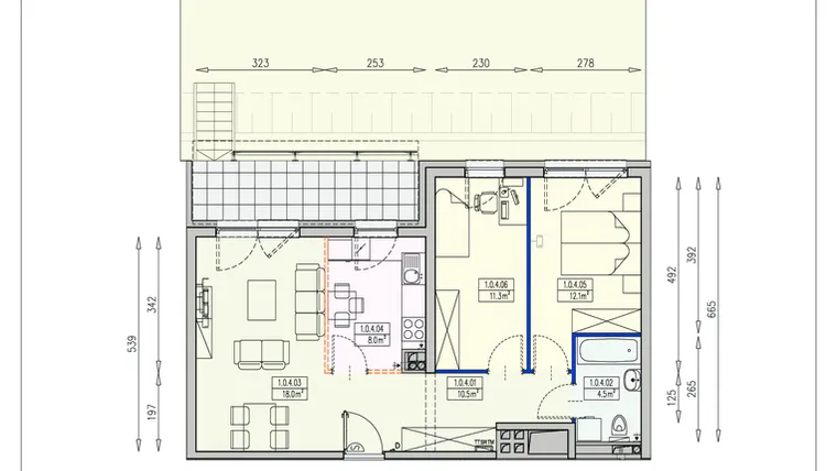 Rzut - Mieszkanie na sprzedaż 3 pokoje o powierzchni 64,4 m² - numer Z23 1/0/4/3k w Słoneczne Stabłowice