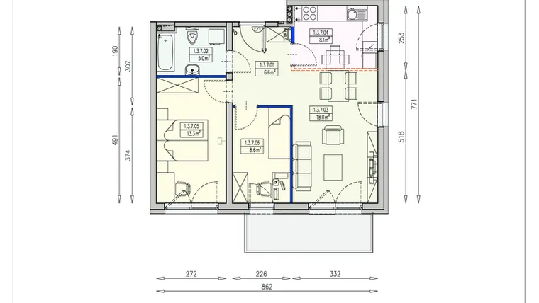 Rzut - Mieszkanie na sprzedaż 3 pokoje o powierzchni 59,6 m² - numer Z22 1/3/7/3k w Słoneczne Stabłowice