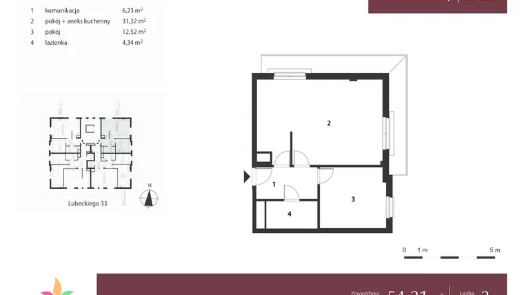Rzut - Mieszkanie na sprzedaż 2 pokoje o powierzchni 54,21 m² - numer 33.12 w Dwór Marcelin