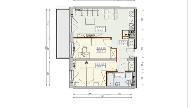Rzut - Mieszkanie na sprzedaż 3 pokoje o powierzchni 52,84 m² - numer J13 3/4/4/3a w Cztery Pory Roku