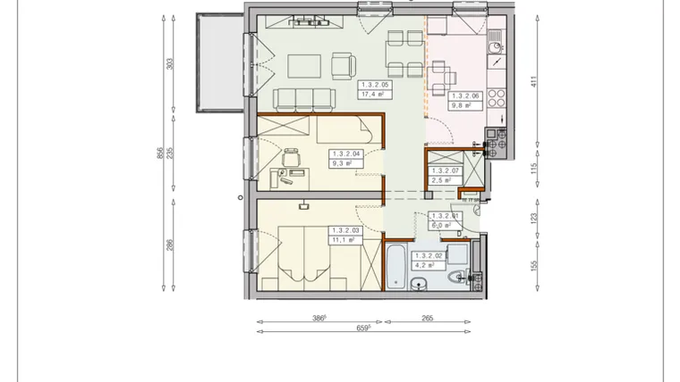Rzut - Mieszkanie na sprzedaż 3 pokoje o powierzchni 60,3 m² - numer J18 1/3/2/3k w Cztery Pory Roku