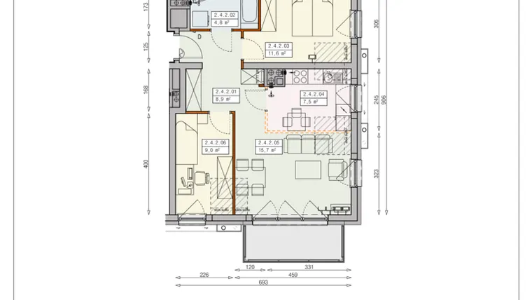 Rzut - Mieszkanie na sprzedaż 3 pokoje o powierzchni 56,86 m² - numer J17 2/4/2/3k w Cztery Pory Roku
