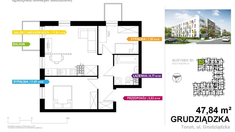 Rzut - Mieszkanie na sprzedaż 3 pokoje o powierzchni 47,82 m² - numer B1B.306 w Apartamenty Staromiejskie