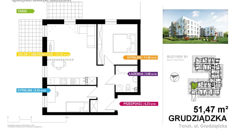 Rzut - Mieszkanie na sprzedaż 3 pokoje o powierzchni 51,47 m² - numer B1A.006 w Apartamenty Staromiejskie