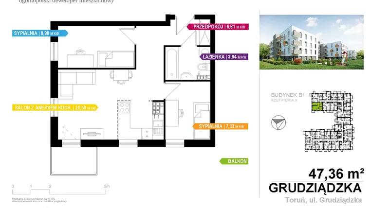 Rzut - Mieszkanie na sprzedaż 3 pokoje o powierzchni 47,36 m² - numer B1B.205 w Apartamenty Staromiejskie