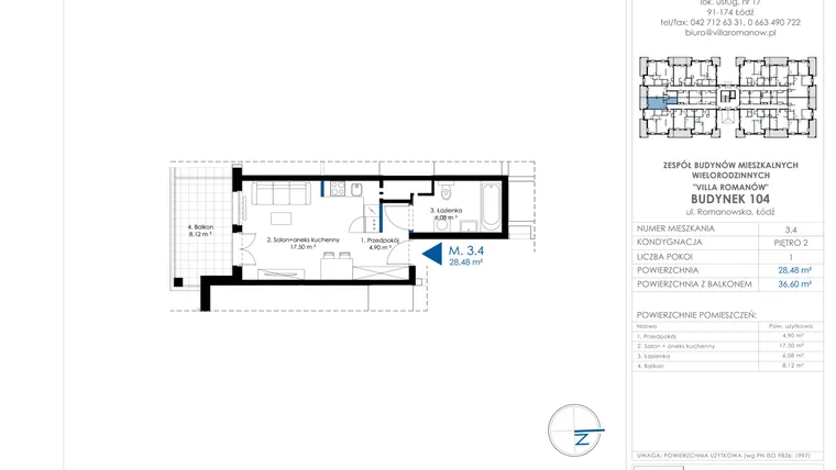 Rzut - Mieszkanie na sprzedaż 1 pokój o powierzchni 28,49 m² - numer II.104-A.M 3.4 w Villa Romanów
