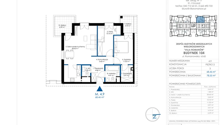 Rzut - Mieszkanie na sprzedaż 3 pokoje o powierzchni 68,52 m² - numer II.104-B.M 4.9 w Villa Romanów