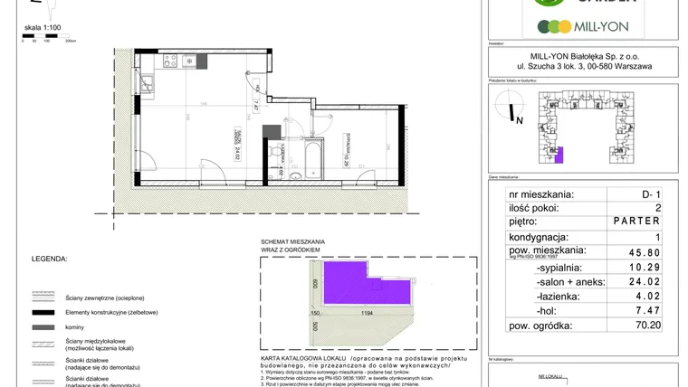 Rzut - Mieszkanie na sprzedaż 2 pokoje o powierzchni 45,73 m² - numer D.1 w Aura Garden