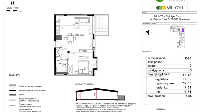 Rzut - Mieszkanie na sprzedaż 2 pokoje o powierzchni 43,75 m² - numer E.20 w Aura Garden