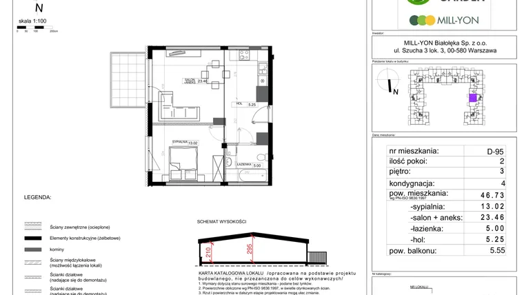 Rzut - Mieszkanie na sprzedaż 2 pokoje o powierzchni 45,88 m² - numer D.95 w Aura Garden