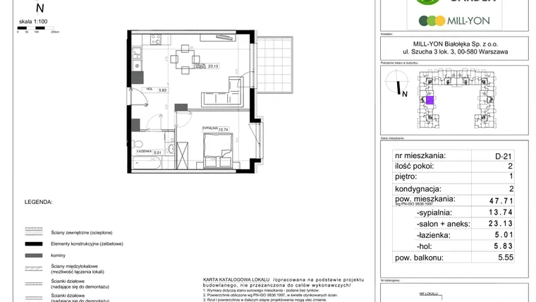 Rzut - Mieszkanie na sprzedaż 2 pokoje o powierzchni 46,99 m² - numer D.21 w Aura Garden