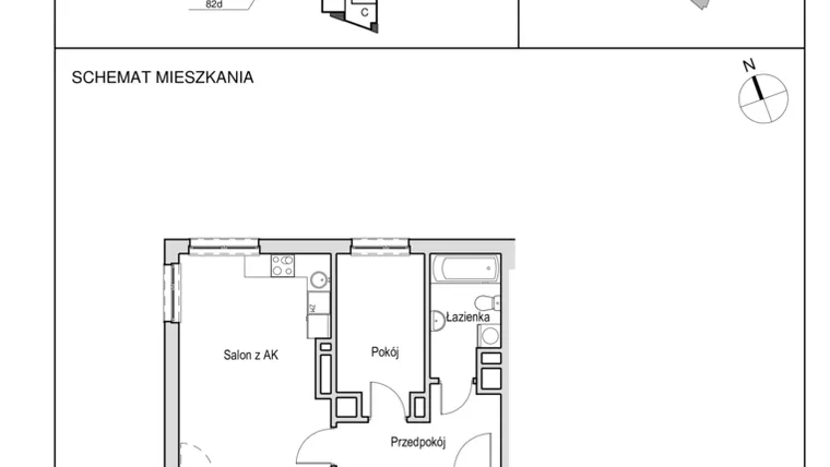 Rzut - Mieszkanie na sprzedaż 2 pokoje o powierzchni 40,7 m² - numer I 82.4D w Słoneczny Zakątek