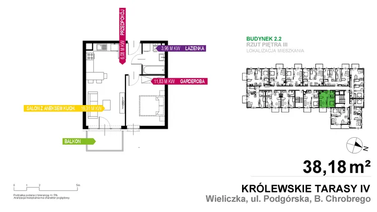 Rzut - Mieszkanie na sprzedaż 1 pokój o powierzchni 38,18 m² - numer 2.2.3.11 w Królewskie Tarasy