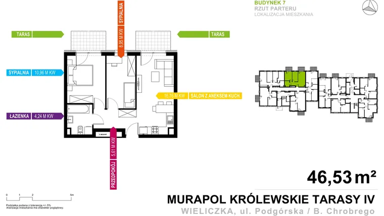 Rzut - Mieszkanie na sprzedaż 3 pokoje o powierzchni 46,53 m² - numer 7.B.0.03 w Królewskie Tarasy