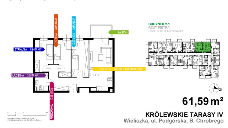 Rzut - Mieszkanie na sprzedaż 4 pokoje o powierzchni 61,59 m² - numer 2.1.2.2 w Królewskie Tarasy