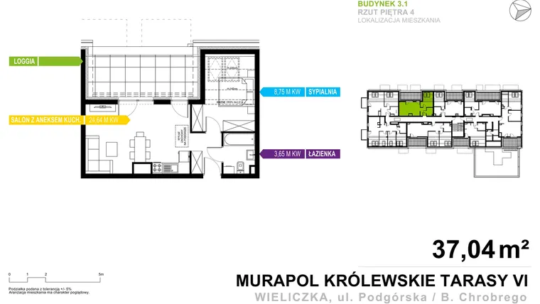 Rzut - Mieszkanie na sprzedaż 2 pokoje o powierzchni 37,04 m² - numer 3.1.4.04 w Królewskie Tarasy