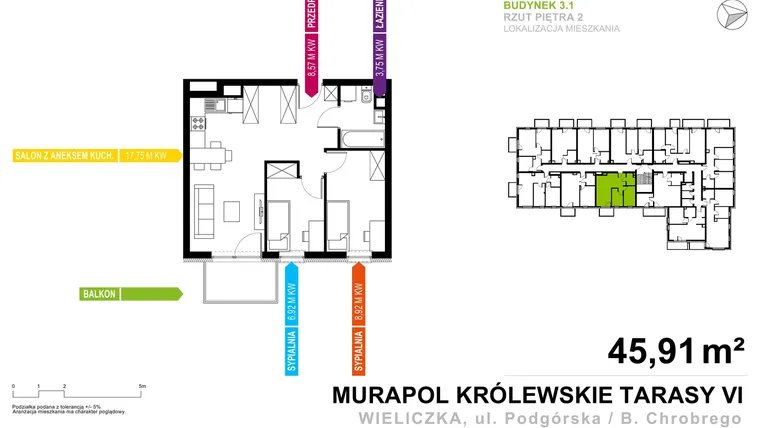 Rzut - Mieszkanie na sprzedaż 3 pokoje o powierzchni 45,91 m² - numer 3.1.2.09 w Królewskie Tarasy