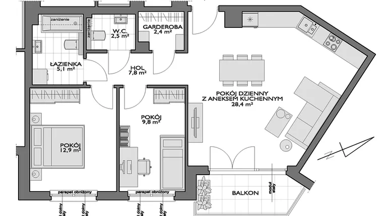 Rzut - Mieszkanie na sprzedaż 3 pokoje o powierzchni 70,98 m² - numer FF/7A/7 w Fort Forest