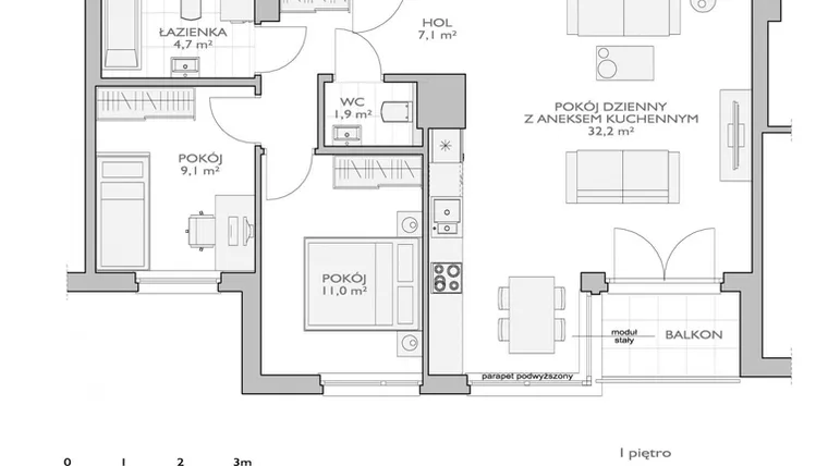 Rzut - Mieszkanie na sprzedaż 3 pokoje o powierzchni 67,84 m² - numer FF/5/A/16 w Fort Forest