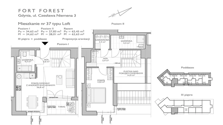 Rzut - Mieszkanie na sprzedaż 1 pokój o powierzchni 62,45 m² - numer FF/N/3/37 w Fort Forest