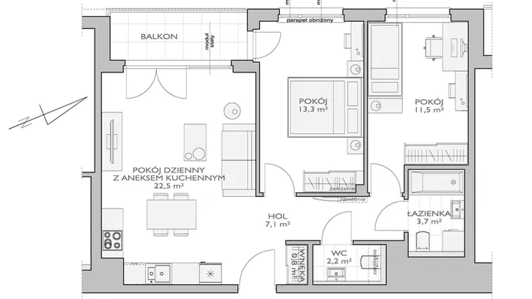 Rzut - Mieszkanie na sprzedaż 3 pokoje o powierzchni 63,09 m² - numer FF/N/3/29 w Fort Forest