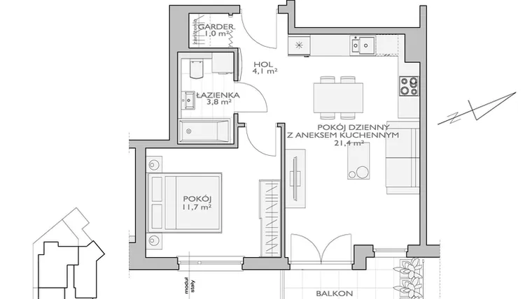 Rzut - Mieszkanie na sprzedaż 2 pokoje o powierzchni 43,2 m² - numer FF/N/1/B/4 w Fort Forest