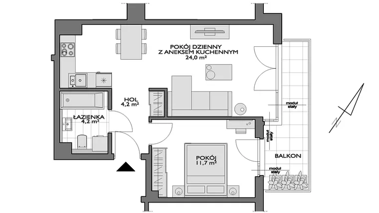 Rzut - Mieszkanie na sprzedaż 2 pokoje o powierzchni 45,37 m² - numer FF/9/14 w Fort Forest