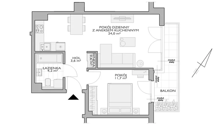 Rzut - Mieszkanie na sprzedaż 2 pokoje o powierzchni 45,37 m² - numer FF/9/8 w Fort Forest