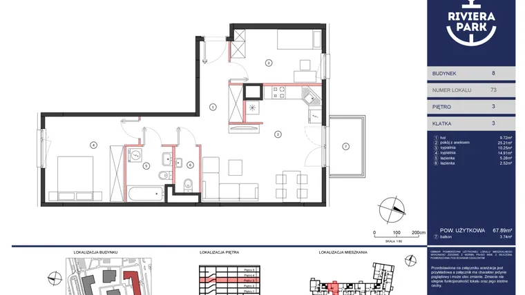 Rzut - Mieszkanie na sprzedaż 3 pokoje o powierzchni 67,89 m² - numer 8.M073 w Riviera Park