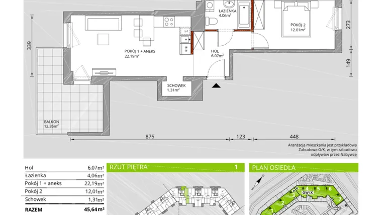 Rzut - Mieszkanie na sprzedaż 2 pokoje o powierzchni 45,64 m² - numer E2/4/1/1 w Na Woli