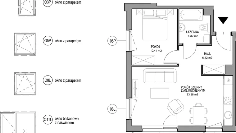 Rzut - Mieszkanie na sprzedaż 2 pokoje o powierzchni 44,23 m² - numer II.C.1.2.3 w Optima