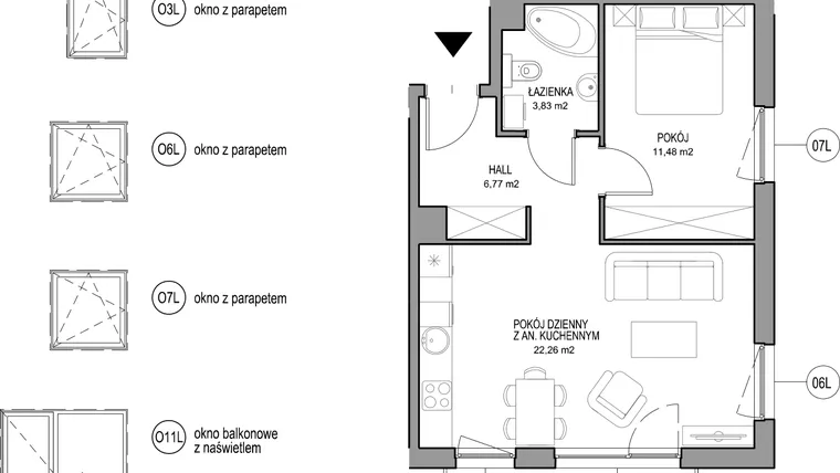 Rzut - Mieszkanie na sprzedaż 2 pokoje o powierzchni 44,34 m² - numer II.A.2.5.3 w Optima