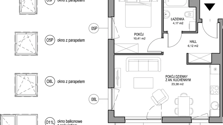 Rzut - Mieszkanie na sprzedaż 2 pokoje o powierzchni 44,08 m² - numer II.E.1.4.3 w Optima